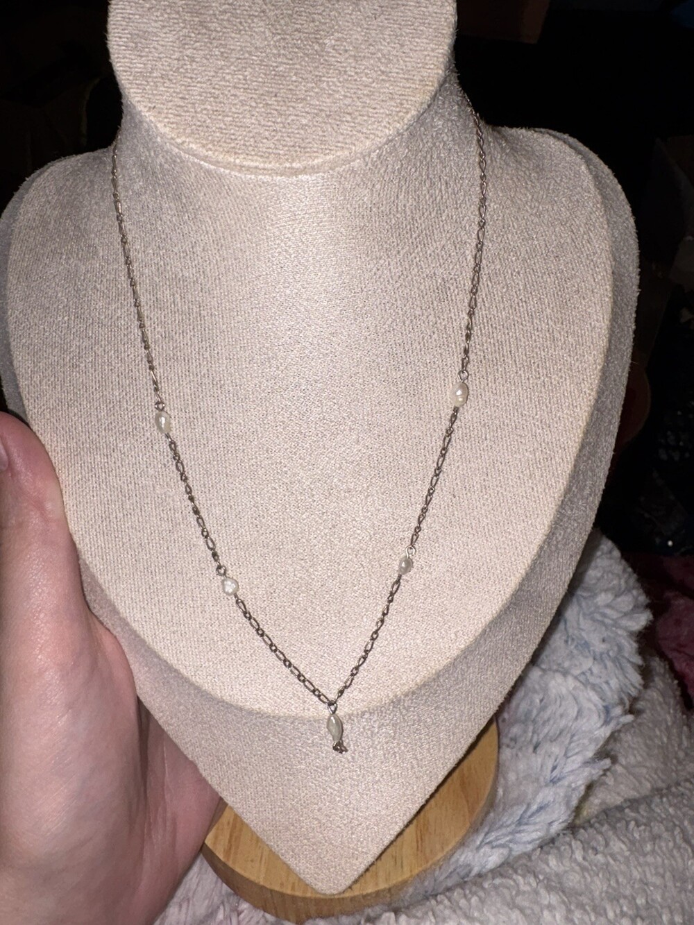 Long Antiqued Silver Tone Pearl Station Necklace Teardrop Dangle